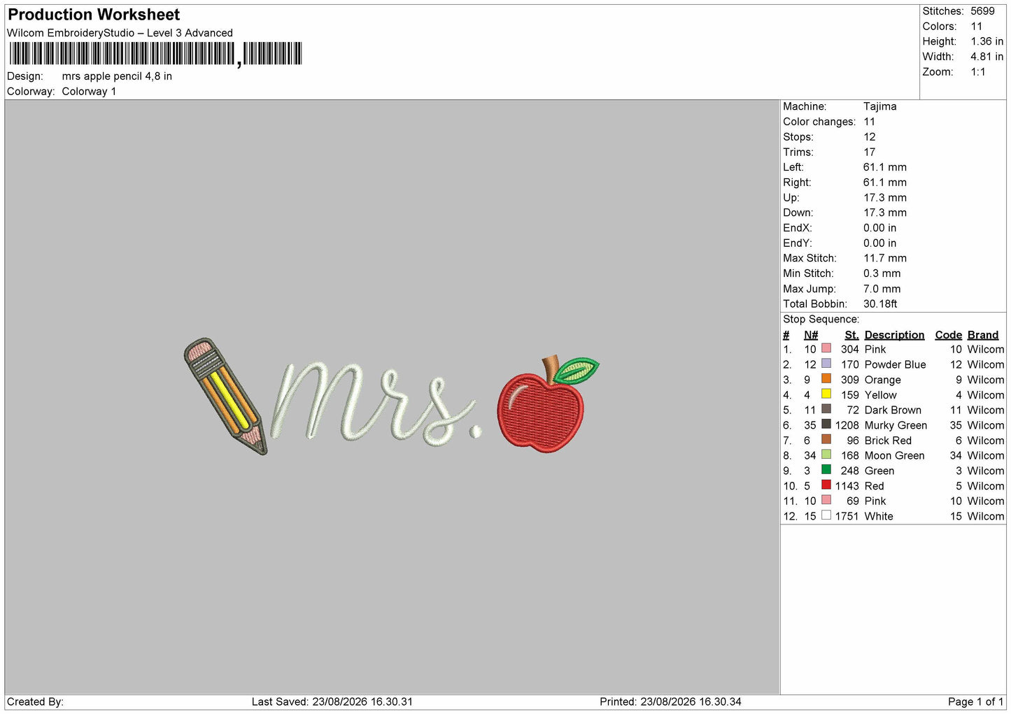 Mrs Apple Embroidery Machine Design File 6 sizes
