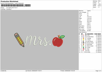 Mrs Apple Embroidery Machine Design File 6 sizes