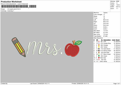 Mrs Apple Embroidery Machine Design File 6 sizes
