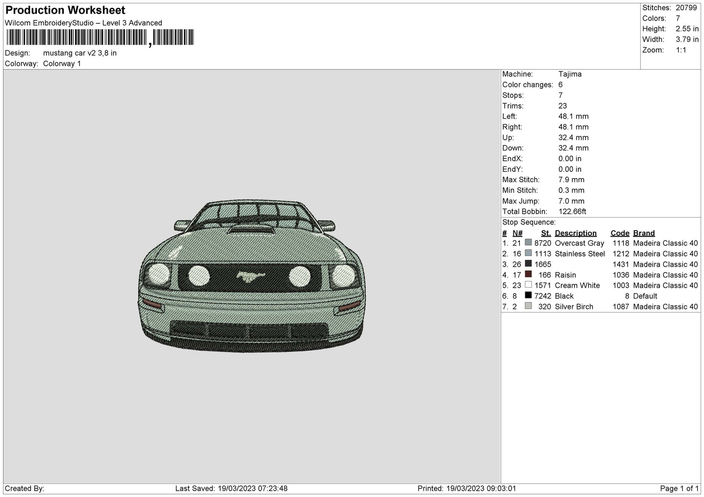 Mustang Car V2 Embroidery File 6 sizes