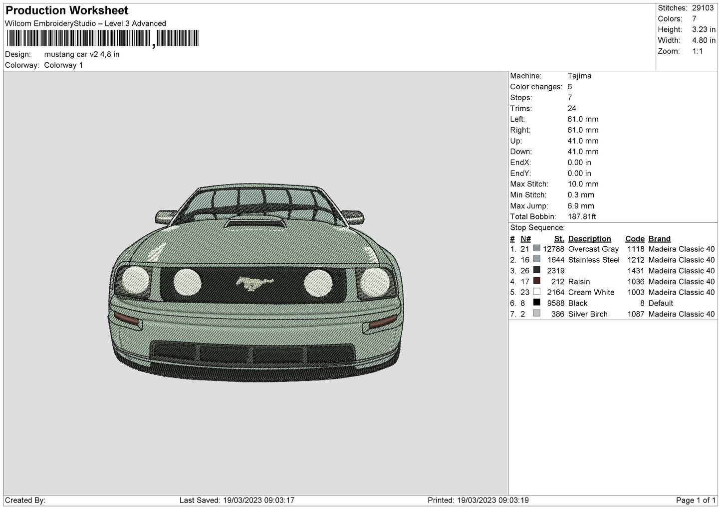 Mustang Car V2 Embroidery File 6 sizes