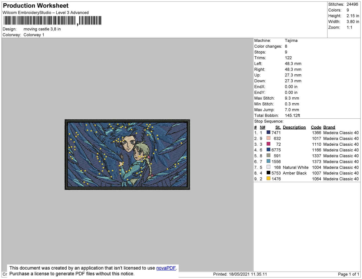 Moving Castle Rectangle  Embroidery File 4 size