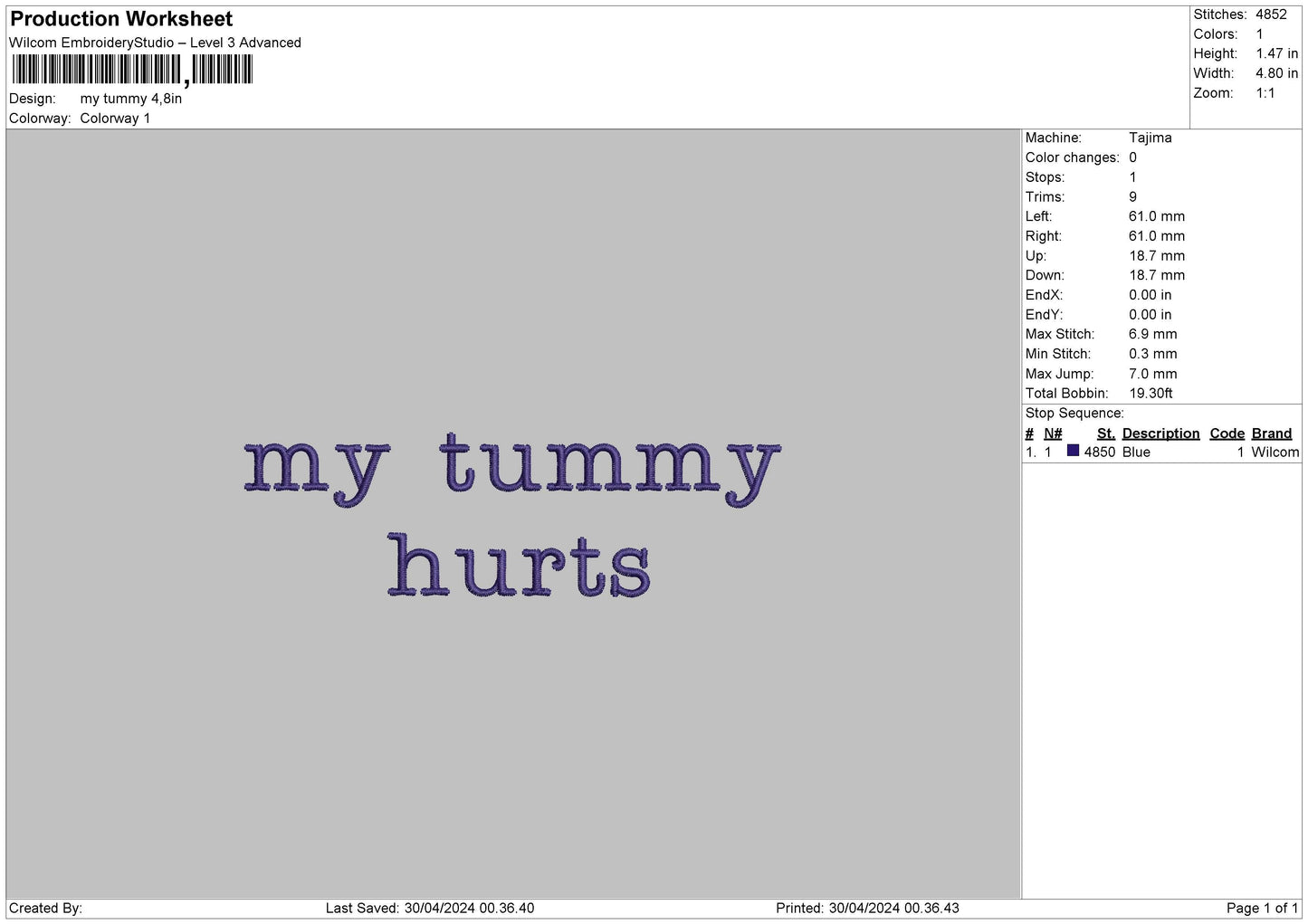 Tummytext Embroidery File 6 sizes