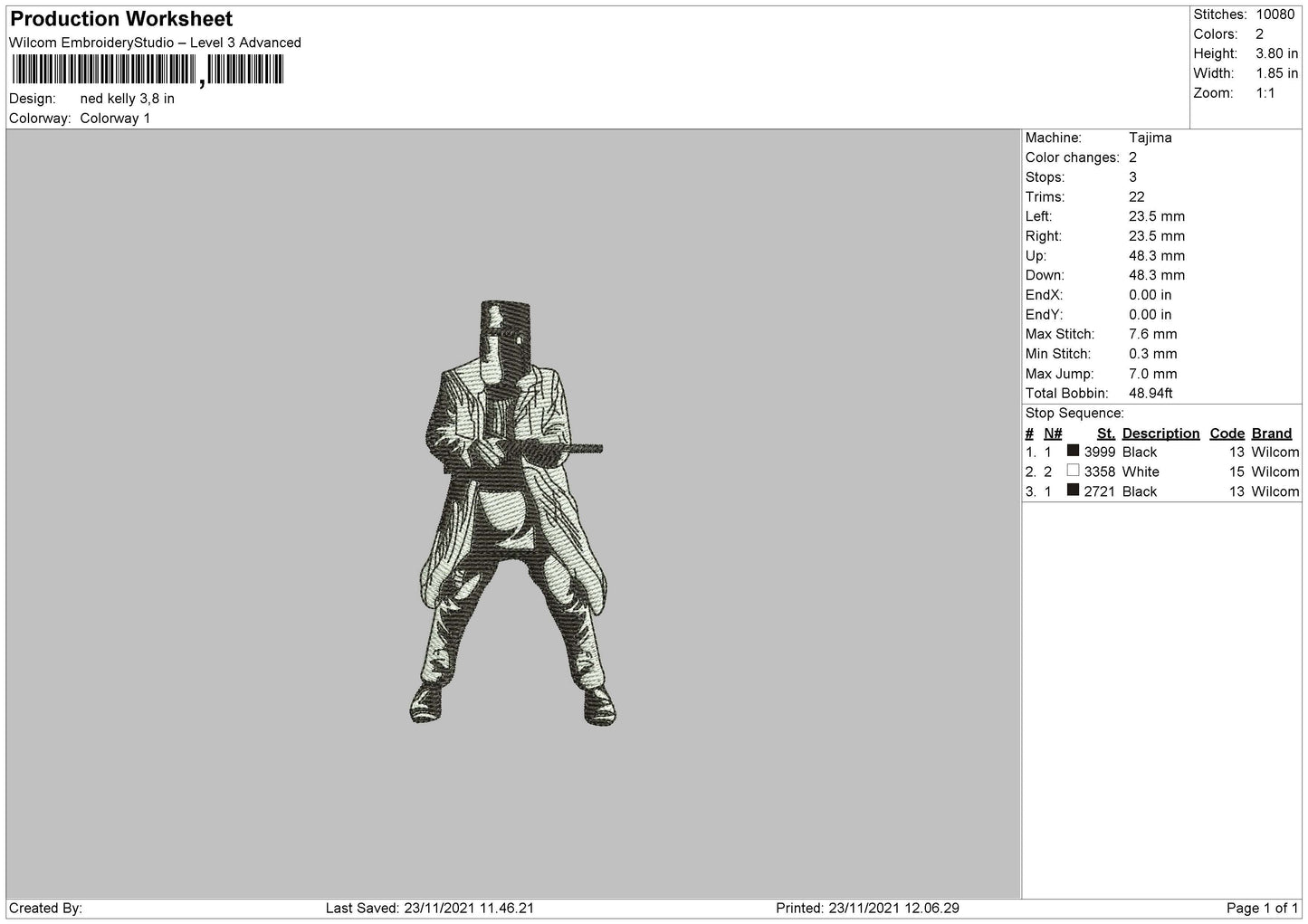 Ned Kelly Embroidery File 4 size