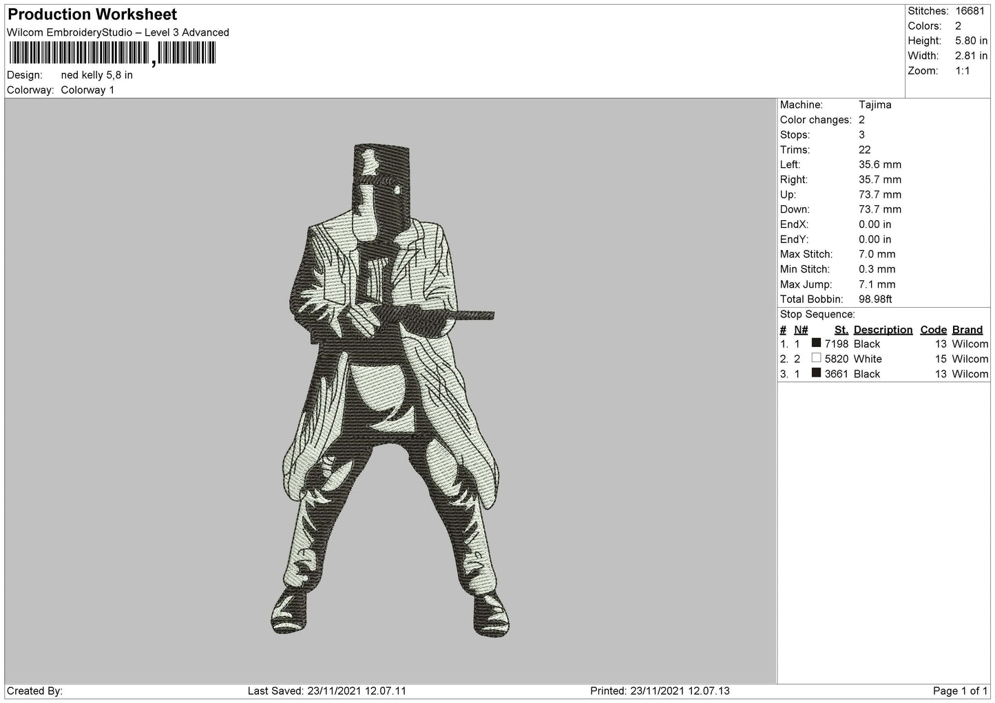 Ned Kelly Embroidery File 4 size