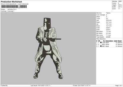 Ned Kelly Embroidery File 4 size