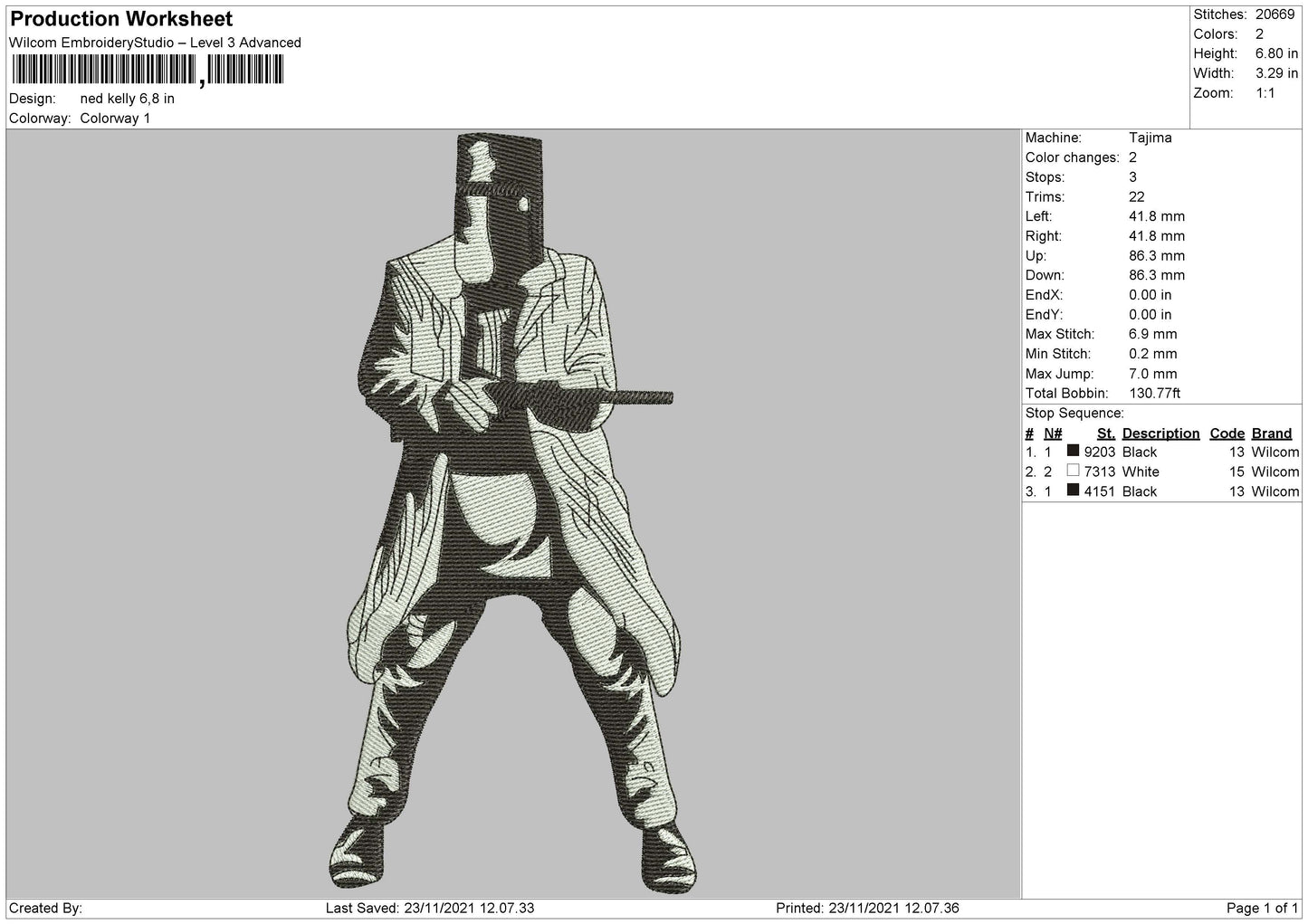 Ned Kelly Embroidery File 4 size