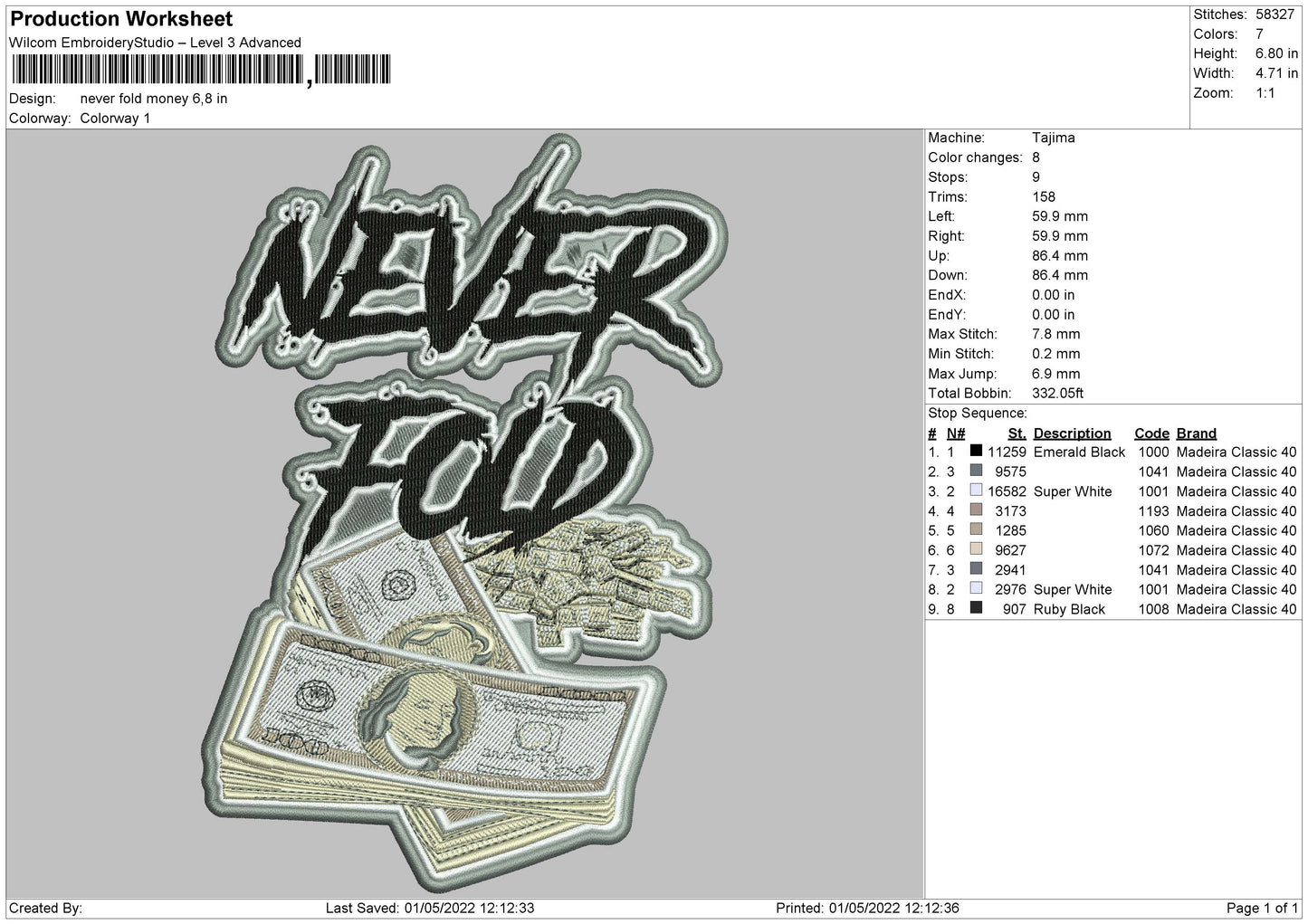 Neverfold Money Embroidery File 4 size