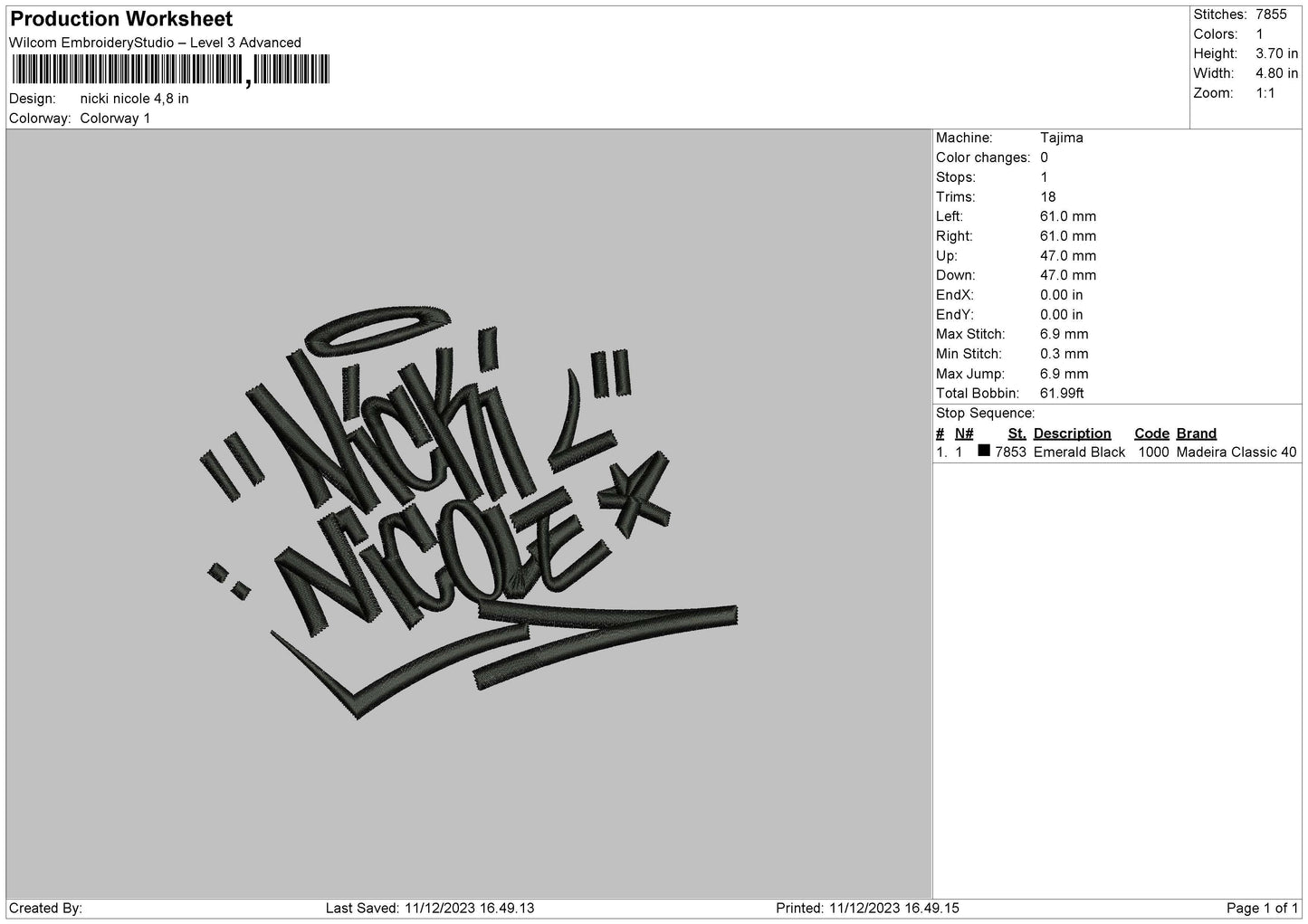 Nicki Text Embroidery File 6 sizes