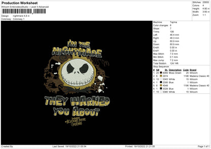 Nightmare Embroidery File 6 sizes