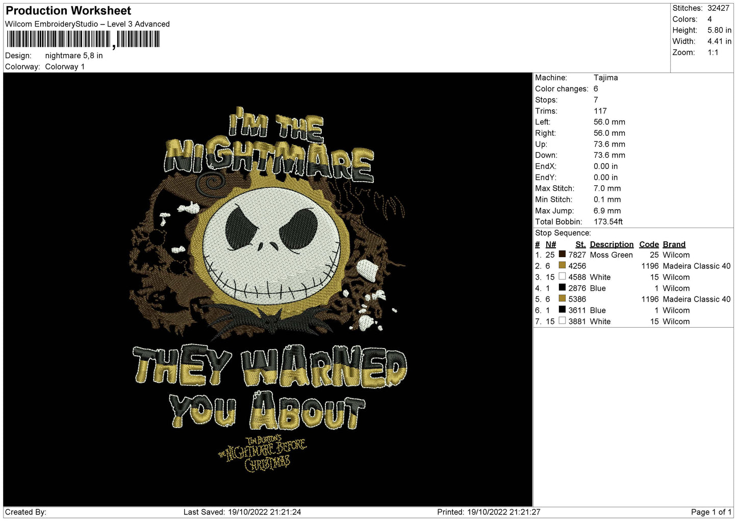 Nightmare Embroidery File 6 sizes