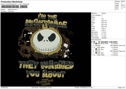 Nightmare Embroidery File 6 sizes