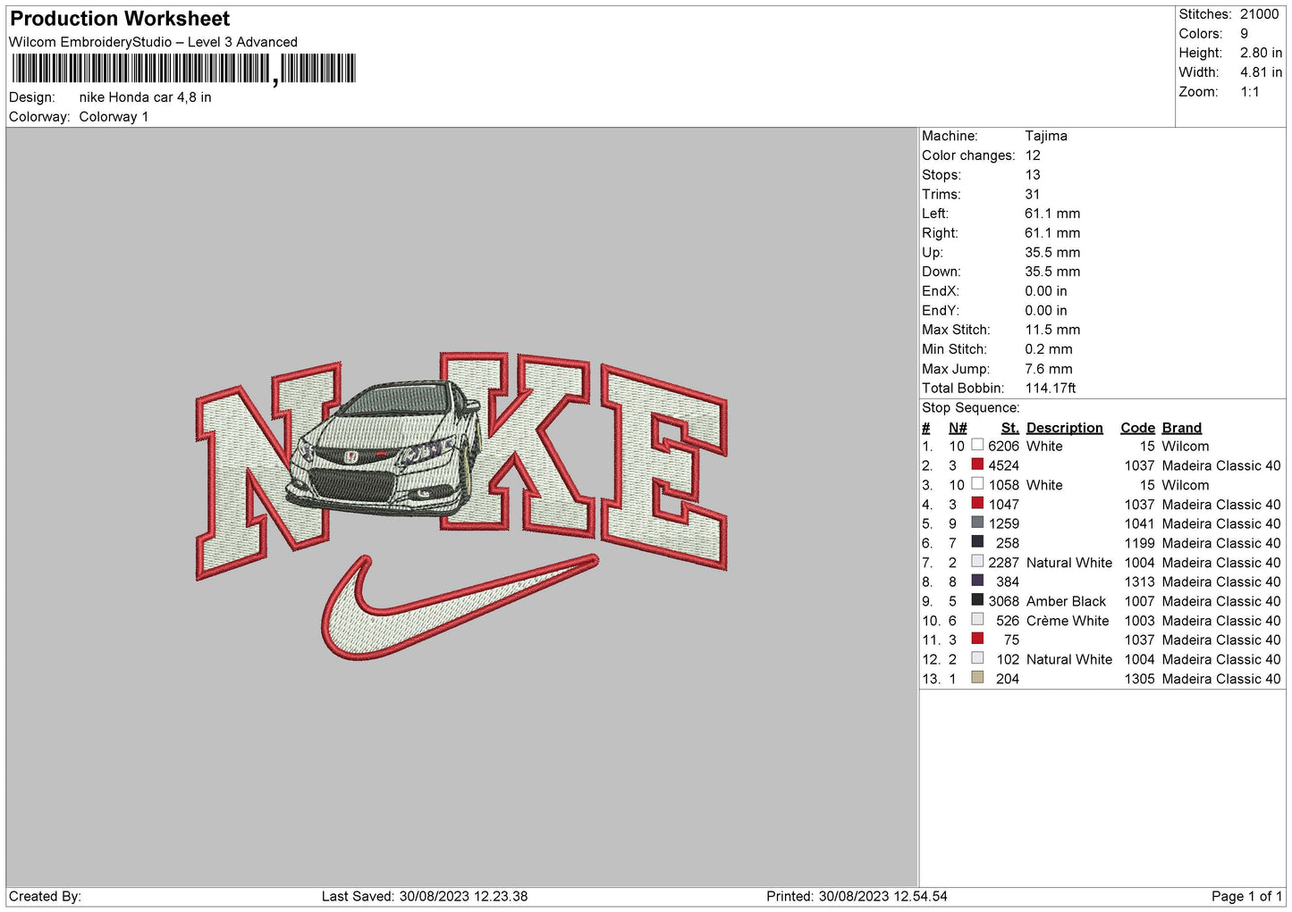 Nike Honda Car Embroidery File 6 sizes