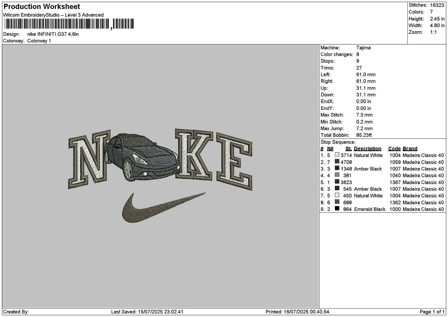 Nike Car G37 Embroidery File 6 sizes