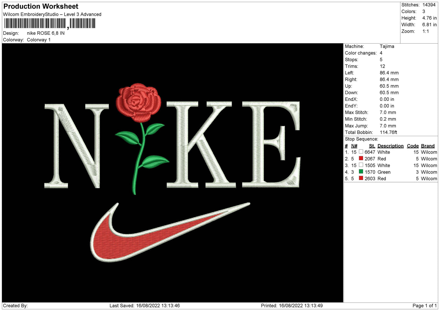 Nike Rose Embroidery File 5 sizes