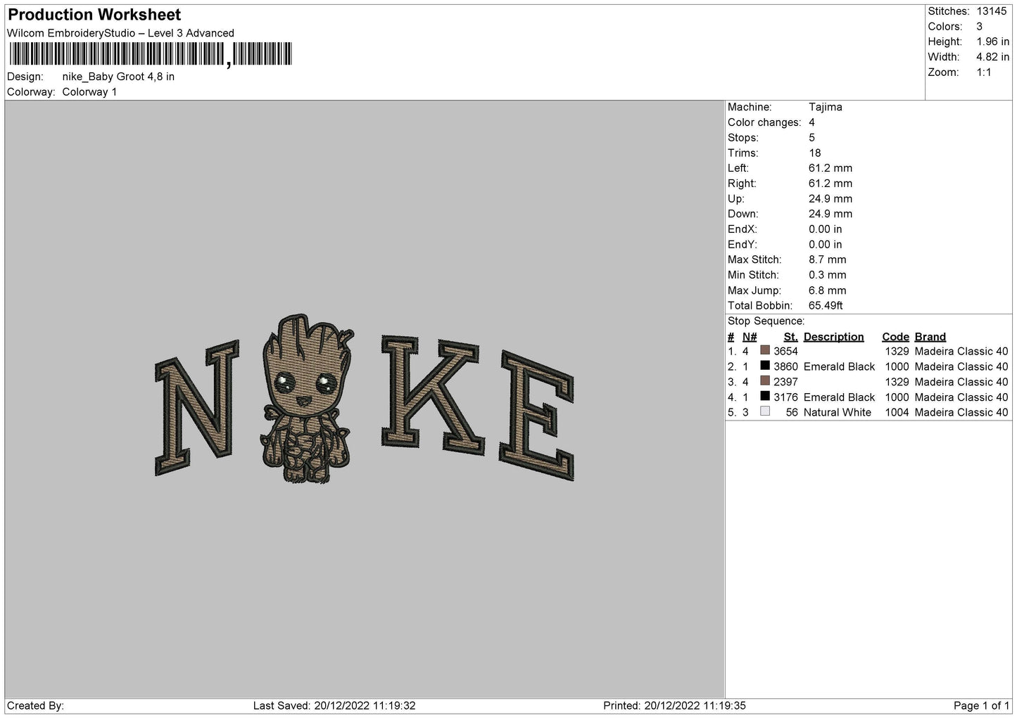 Nike Baby Groot Emboidery File 6 sizes