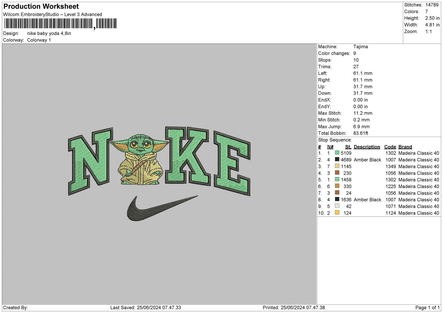 Nike Baby Yoda 003 Embroidery File 6 sizes