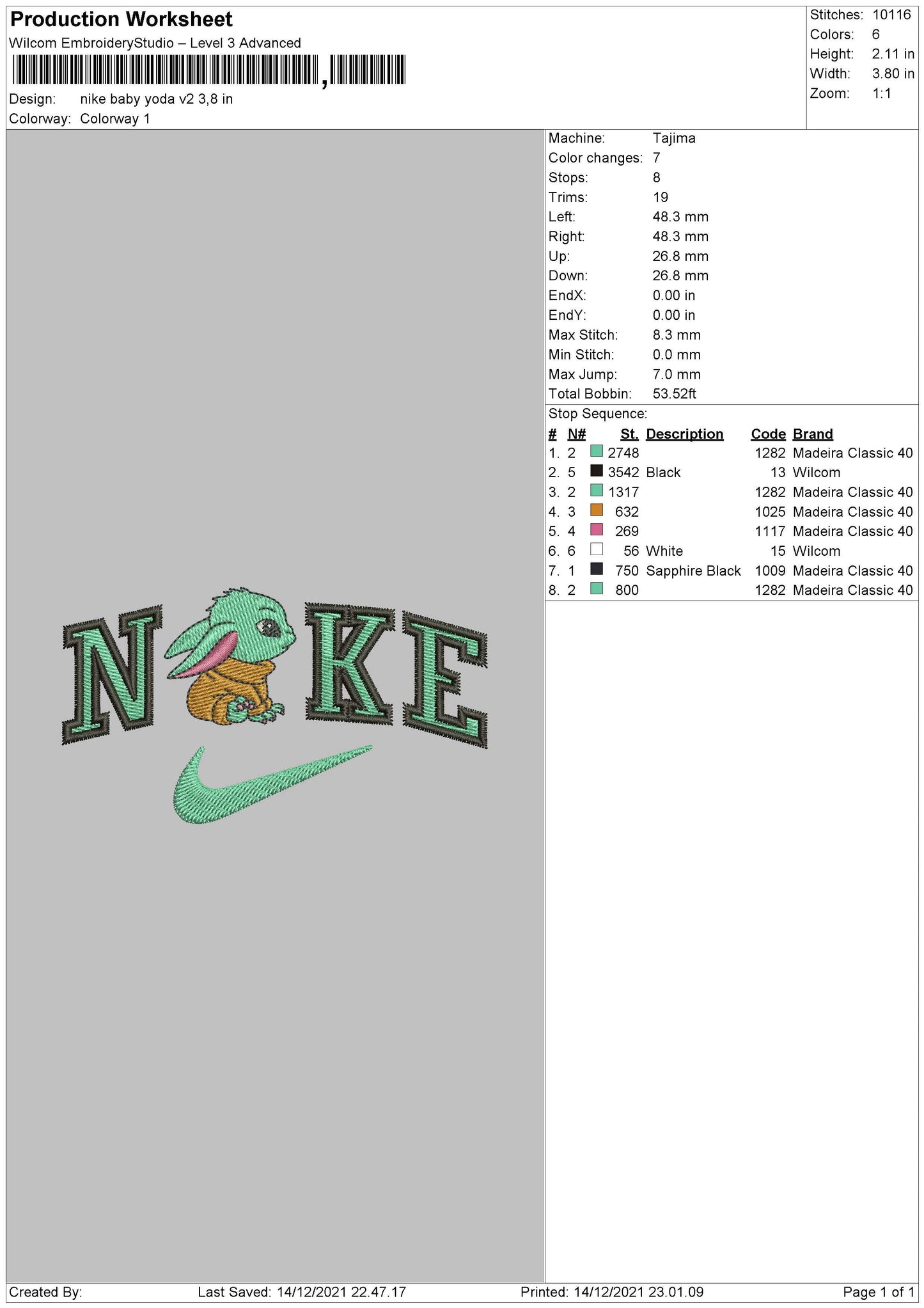 Nike Baby Yoda Embroidery File 4 size