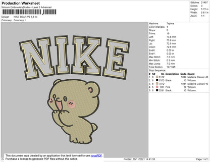 Nike Bear V2 Embroidery File 4 size