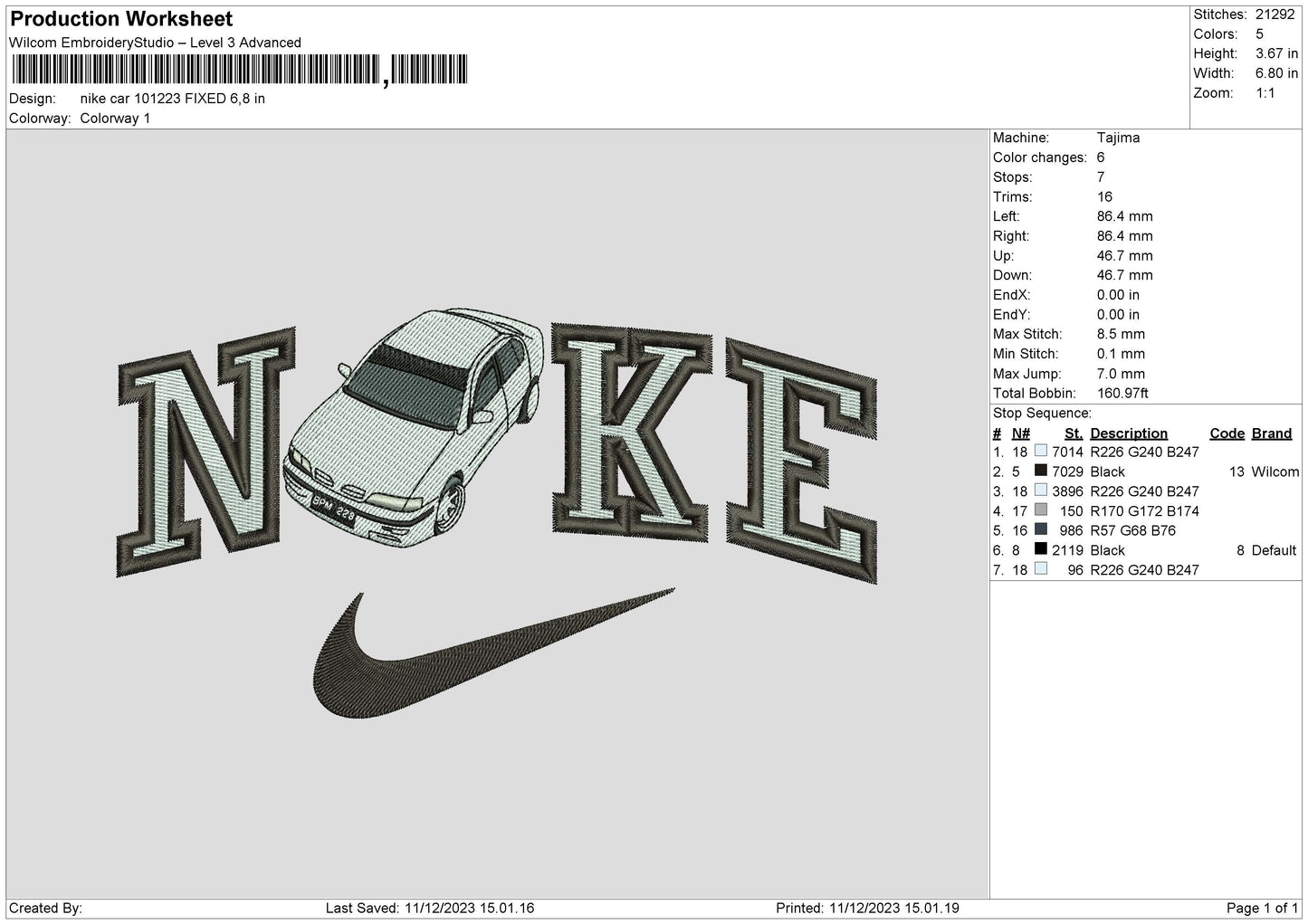 Nike Car 1012 Embroidery File 6 sizes