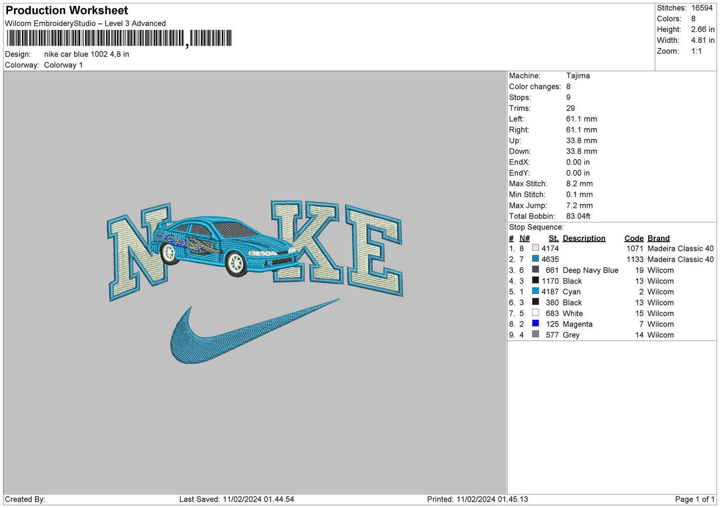 Nike Car Blue 02 Embroidery File 6 sizes