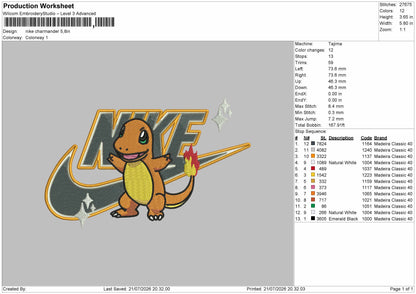 Nike Charmander 2107 Embroidery Machine Design File 6 sizes