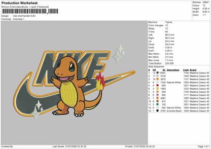 Nike Charmander 2107 Embroidery Machine Design File 6 sizes