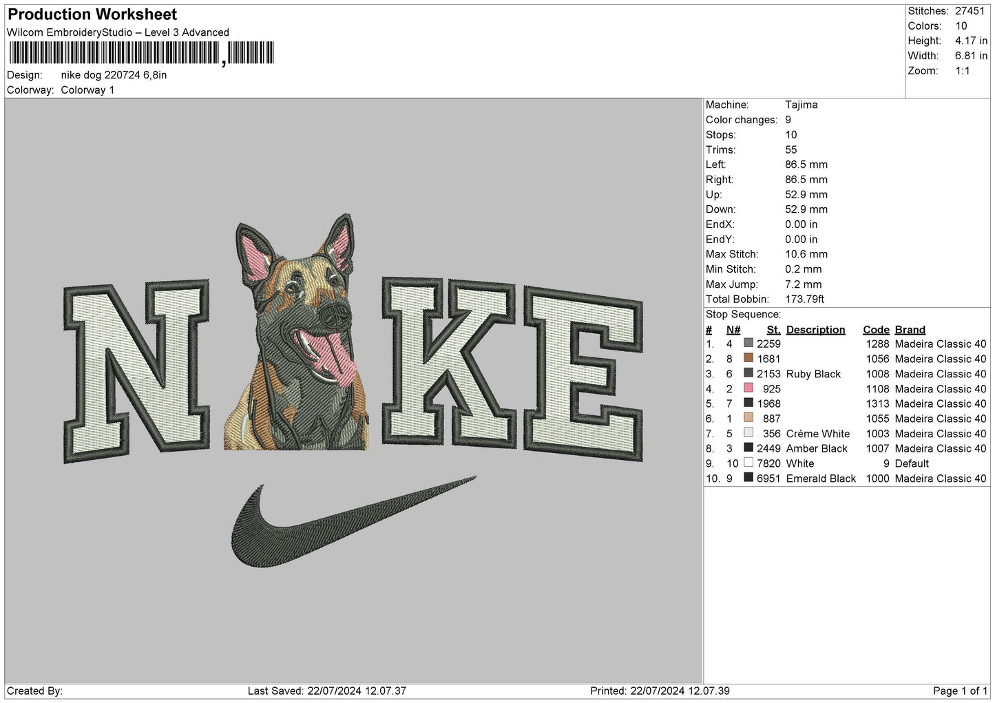 Nike Dog 2207 Embroidery File 6 sizes