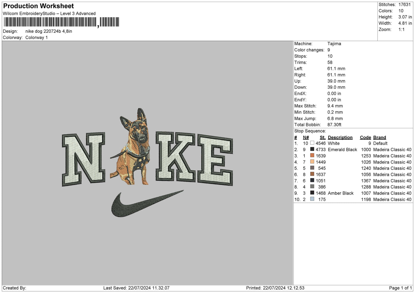 Nike Dog 2207b Embroidery File 6 sizes