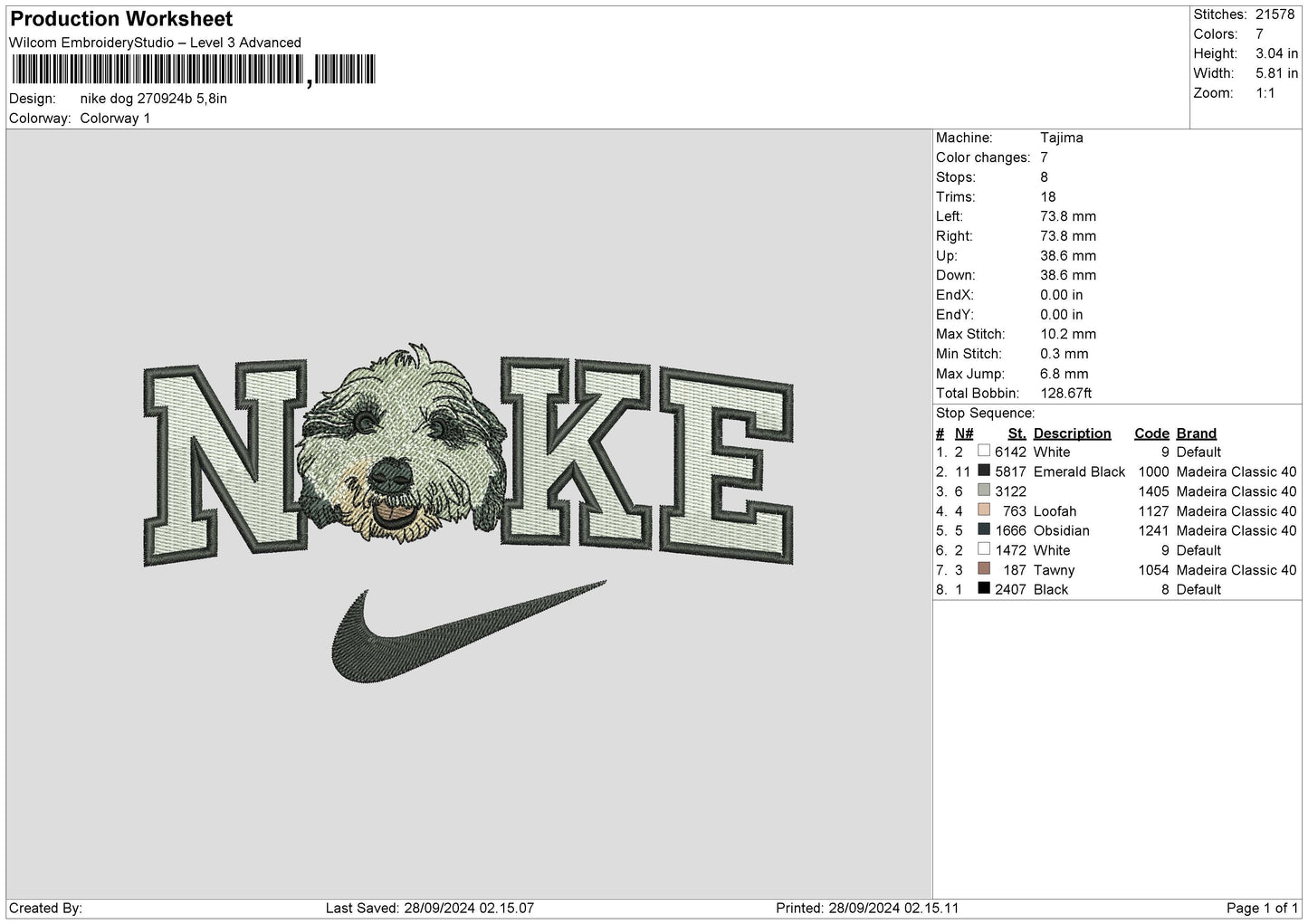 Nike Dog 2709b Embroidery File 6 sizes