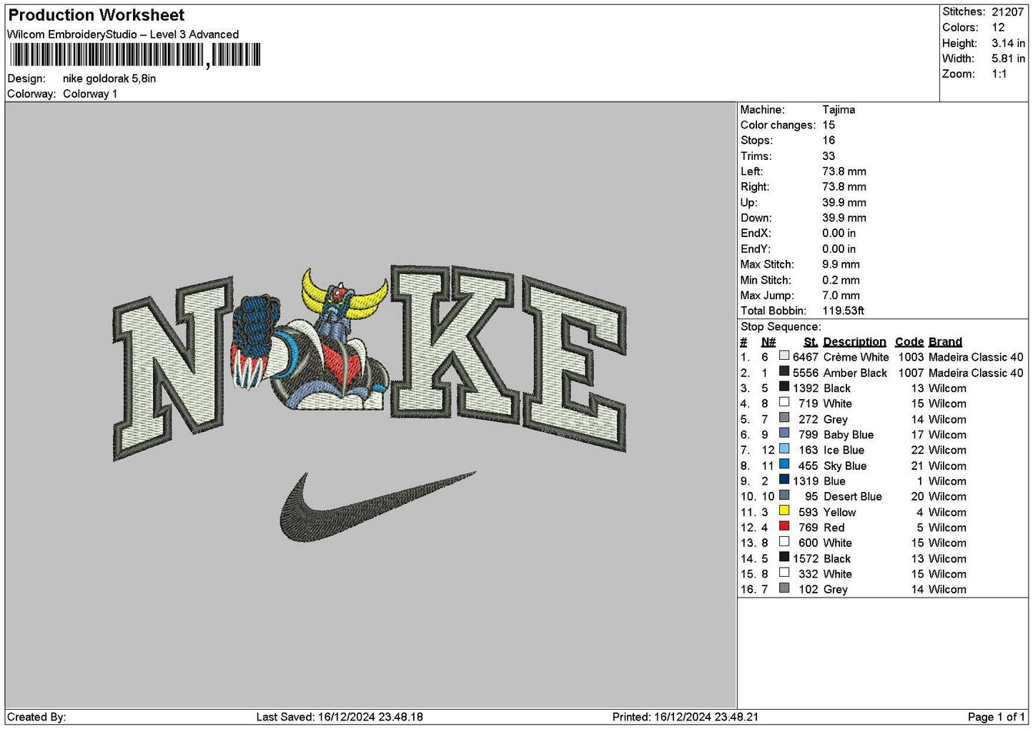 Nike Goldorak Embroidery File 6 sizes