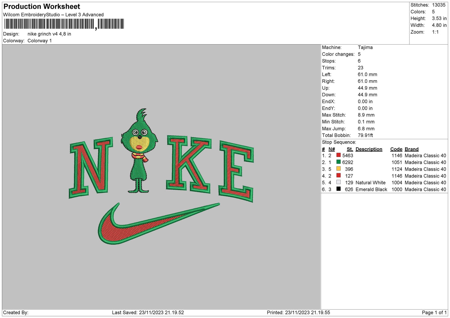 Nike Grinch V4 Embroidery File 6 sizes