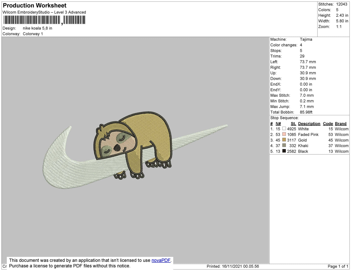 Nike Koala Embroidery File 4 size
