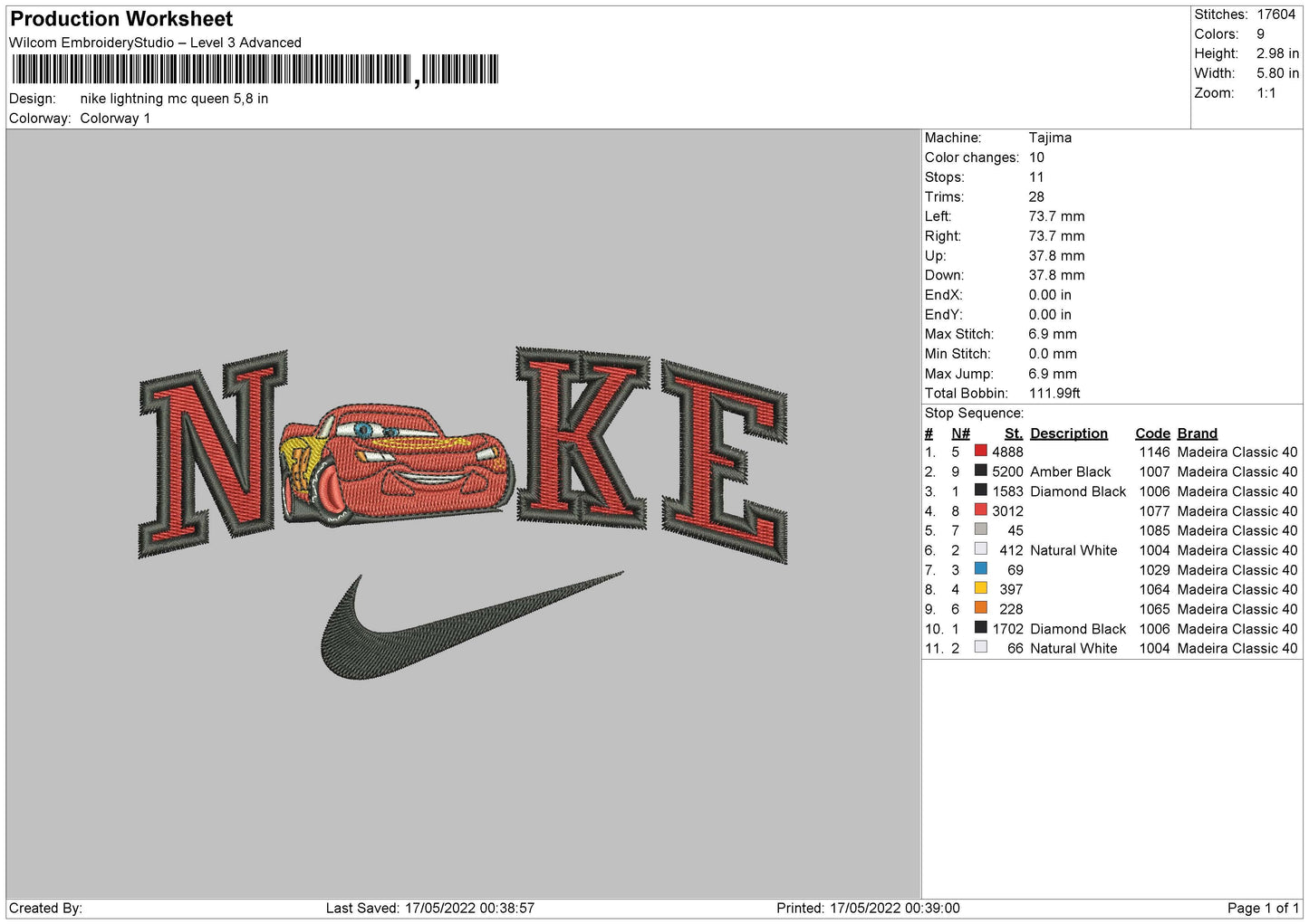 Nike Lightning Mcqueen Embroidery File 4size