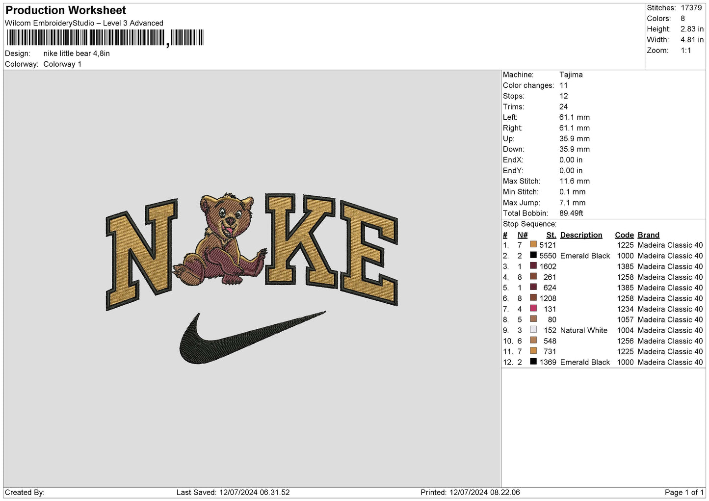Nike Little Bear Embroidery File 6 sizes