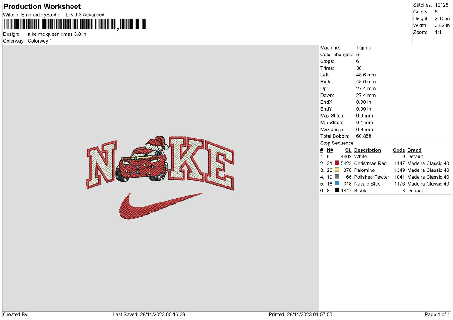 Nike McQueen Xmas Embroidery File 6 sizes