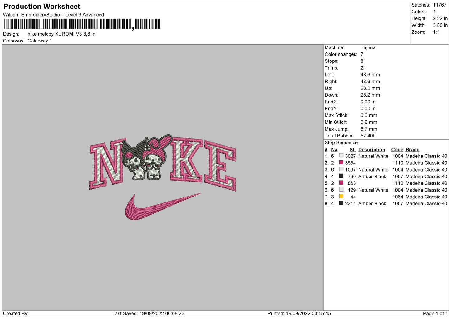 Nike Melody Kuromi V3 Embroidery File 5 sizes