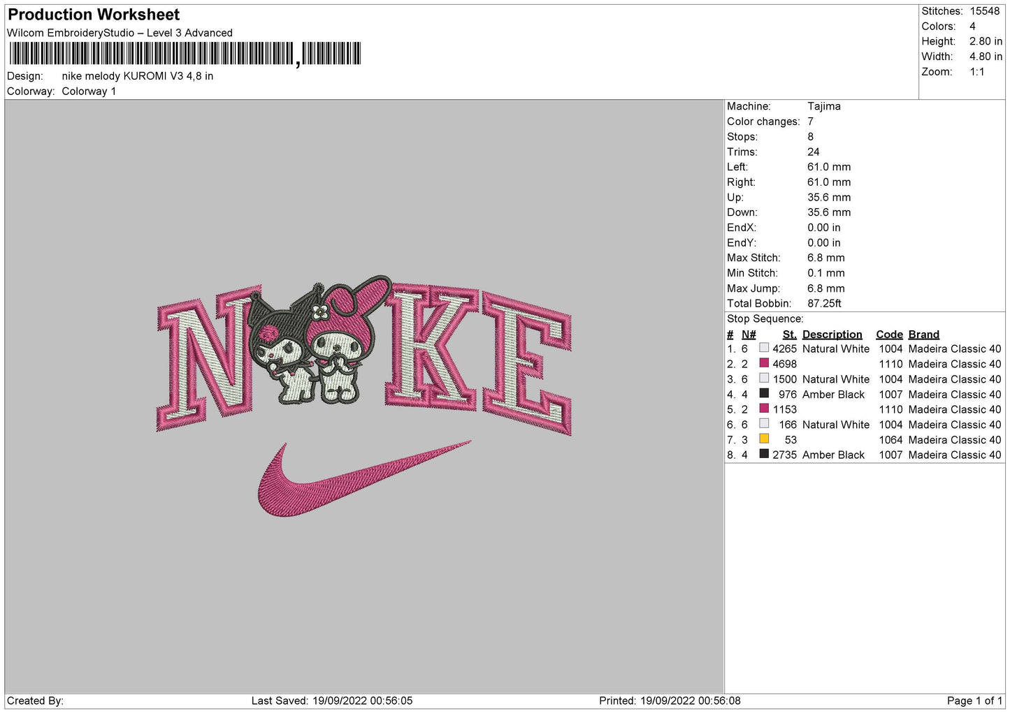Nike Melody Kuromi V3 Embroidery File 5 sizes