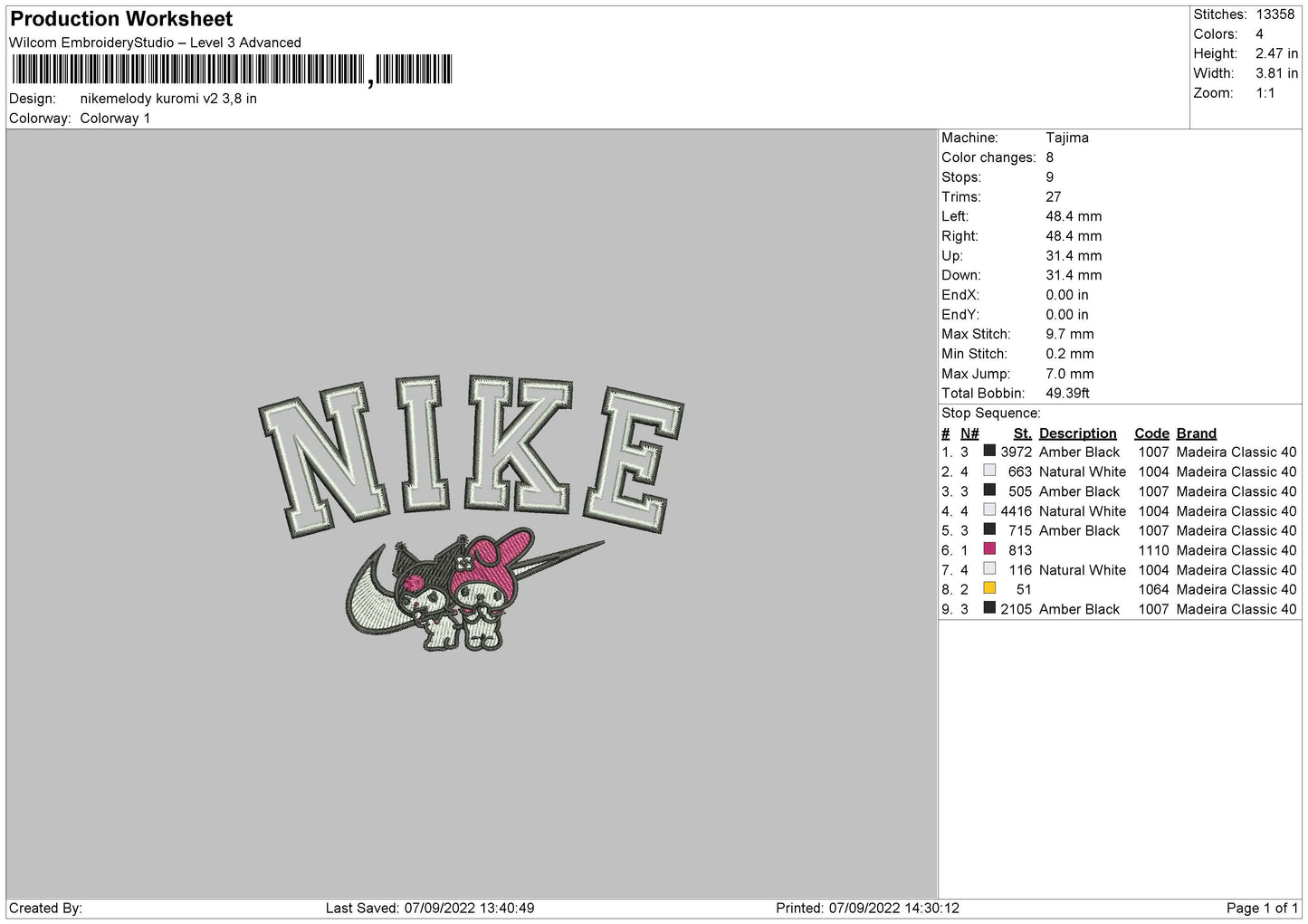 Nike Melody Kuromi V2 Embroidery File 5 sizes