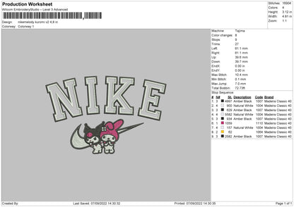 Nike Melody Kuromi V2 Embroidery File 5 sizes
