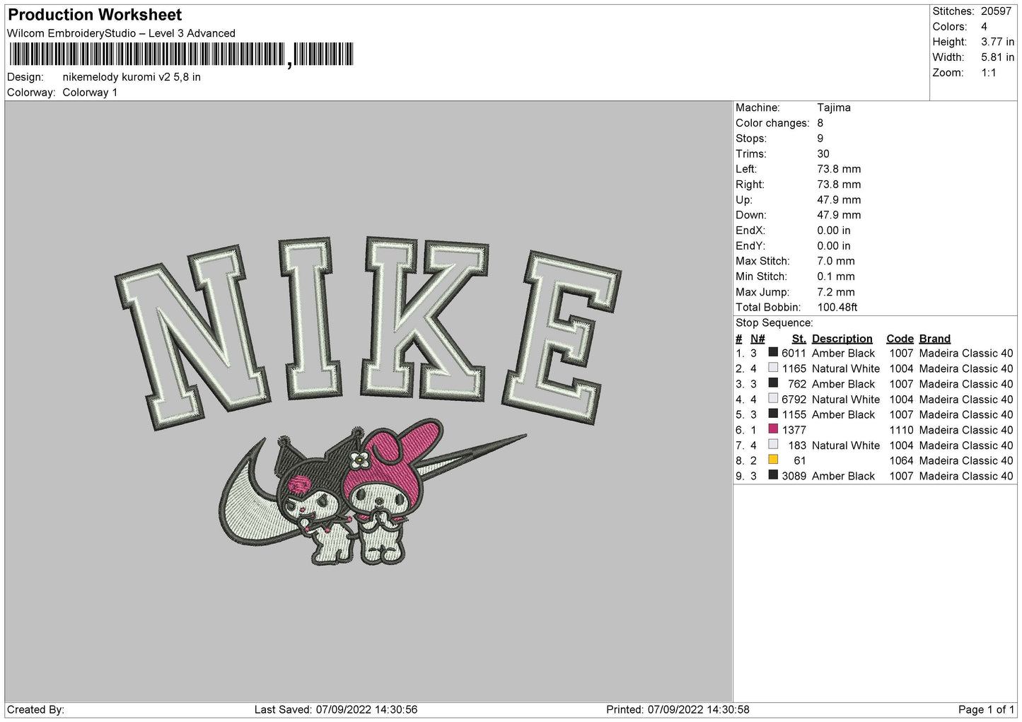 Nike Melody Kuromi V2 Embroidery File 5 sizes