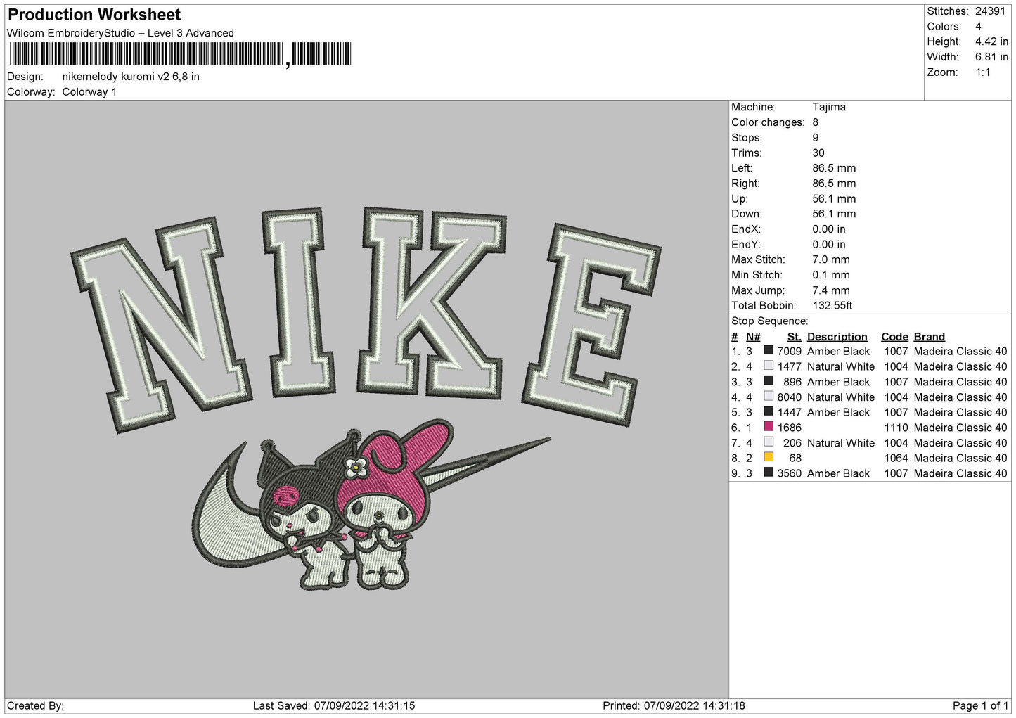 Nike Melody Kuromi V2 Embroidery File 5 sizes