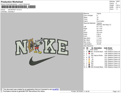 Nike Mickey V2 Embroidery File 4 Size