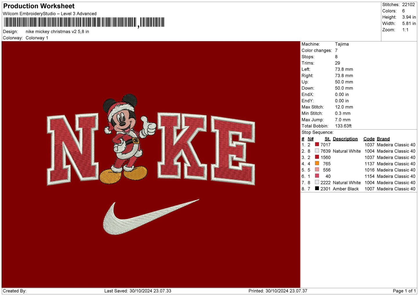 Nike Mickey Xmas V2 Embroidery File 6 sizes