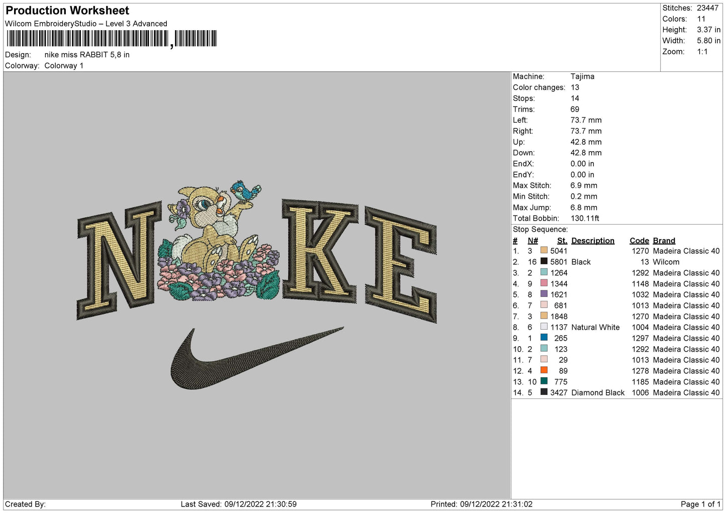 Nike Miss Rabbit Embroidery File 6 sizes