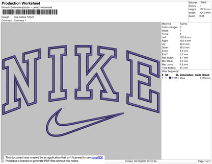 Nike Outline Swoosh Embroidery File 10 size
