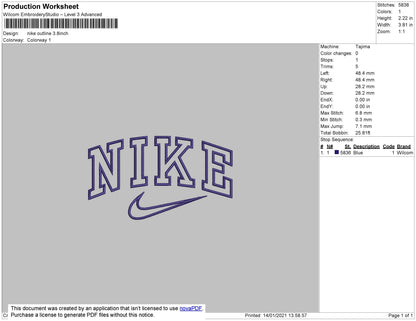 Nike Outline Swoosh Embroidery File 10 size