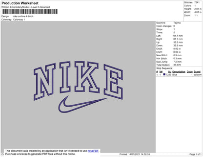 Nike Outline Swoosh Embroidery File 10 size