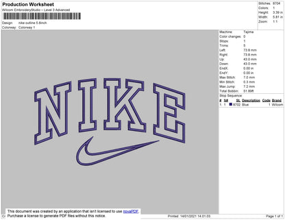 Nike Outline Swoosh Embroidery File 10 size