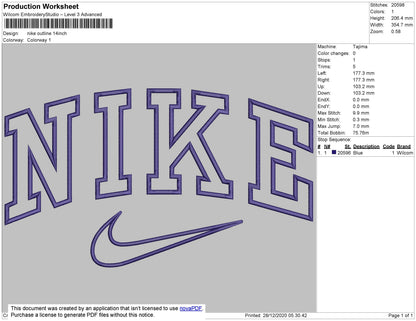 Nike Outline Swoosh Embroidery File 10 size